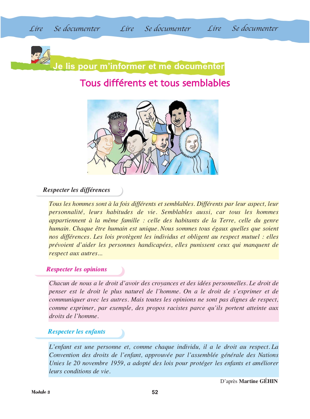 Cahier, page 52, texte documentaire complet : Tous différents et tous semblables